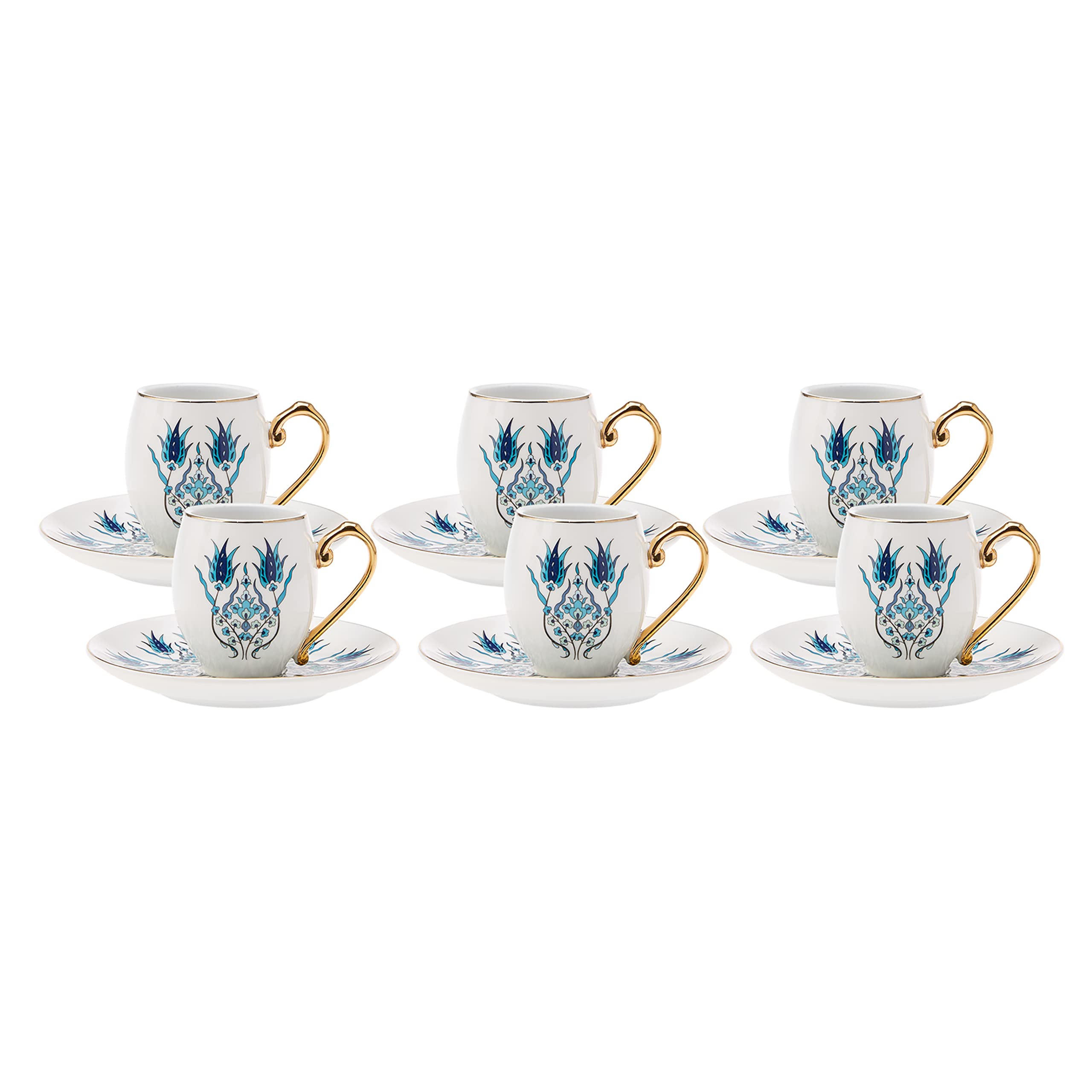 Karaca Iznik Turkish Coffee Cup Set for 6 People - 12 Piece Cups with Saucers - Small Porcelain Set - Ideal for Serving Greek, Arabic Coffee & Espresso (90 ml)