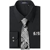 HISDERN Mens Dress Shirt with Tie Pocket Square Set Classic Button Down Shirt Matching Tie Long Sleeve Shirts