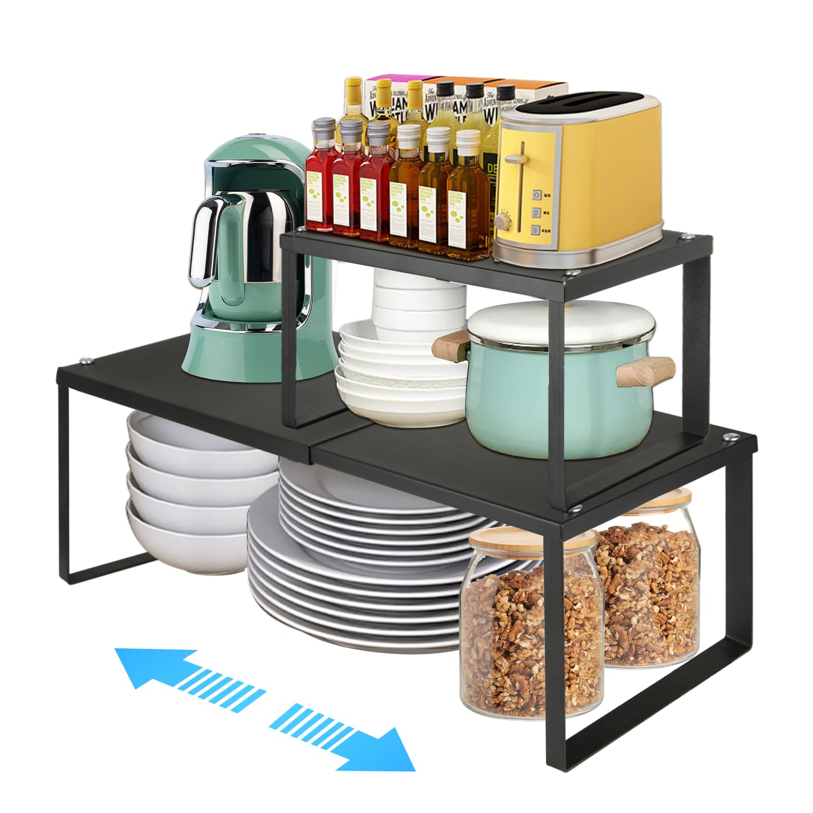 CYEER 2 Pack Extendable Kitchen Cupboard Shelf, Black Expandable Cupboard Storage Organiser Stackable, Adjustable Kitchen Counter Shelf Spice Rack for Cupboard, 15x20x32~52CM+20x20x32~52CM