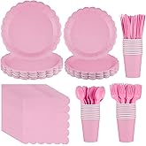 Pink Paper Plates Set for 30 Guests - 220pcs Girl Party Supplies Include Pink Scalloped Plates Napkins Cups Plastic Silverware, Scalloped Dinnerware for Baby Shower, Wedding, Birthday