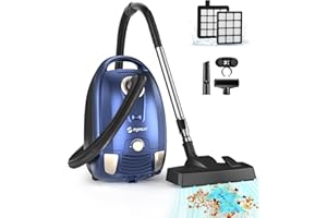 EYESUN Bagged Canister Vacuum Cleaner,1400W Powerful High-Suction Bagged Canister Vac with 3.7QT Dust Bags,Pop-N-Go Brush,HEPA Filter,Dual Motors&4 Cleaning Tools,Perfect for Low-Pile Carpets&Hard Floors