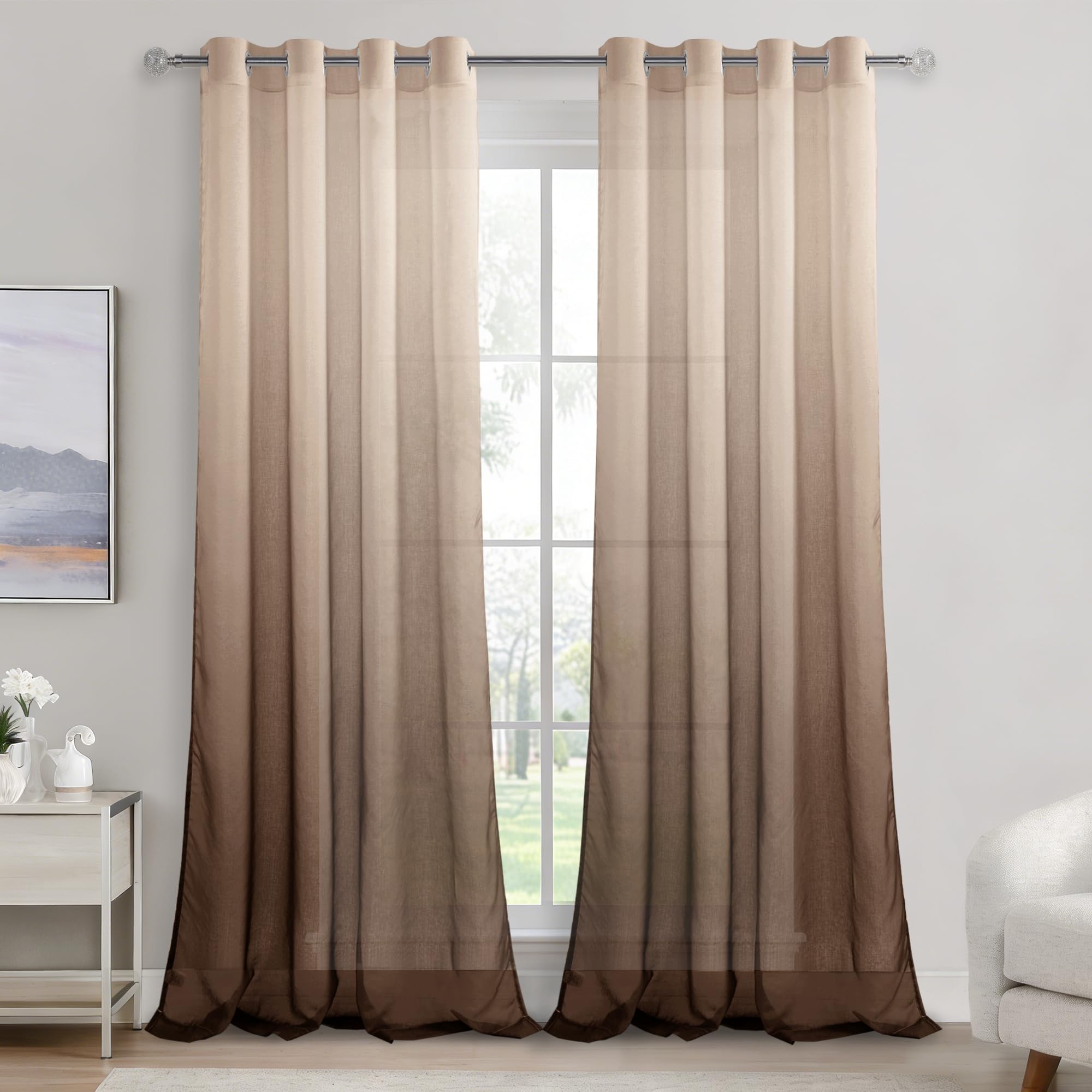 DWCN Voile Curtain Brown Gradient Curtains for Living Room Eyelet Net Curtains for Windows Sheer Curtains for Bedroom Set of 2,55 x 96 Inches