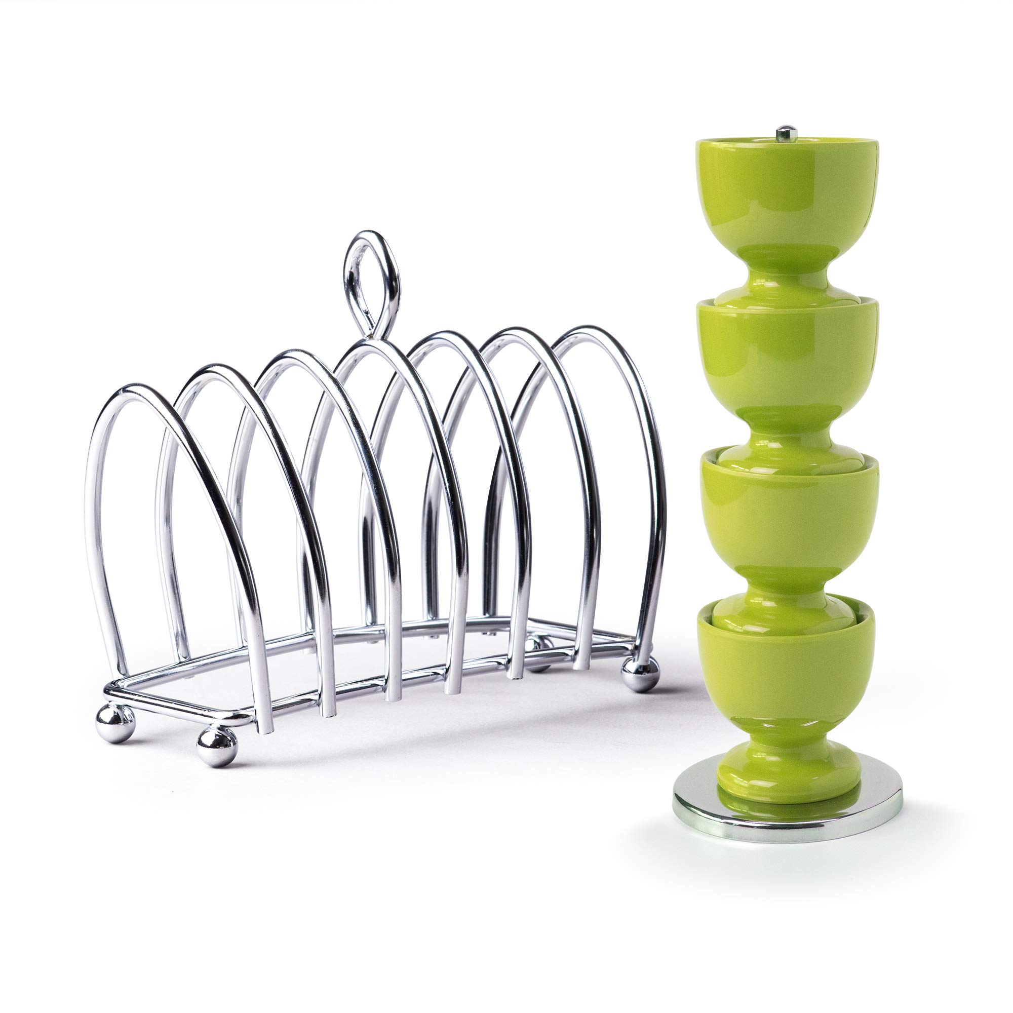 Zeal BASET8L Breakfast Set Set of 4 Melamine Stacking Egg Cups on Stand with Chrome 6 Piece Toast Rack, Lime