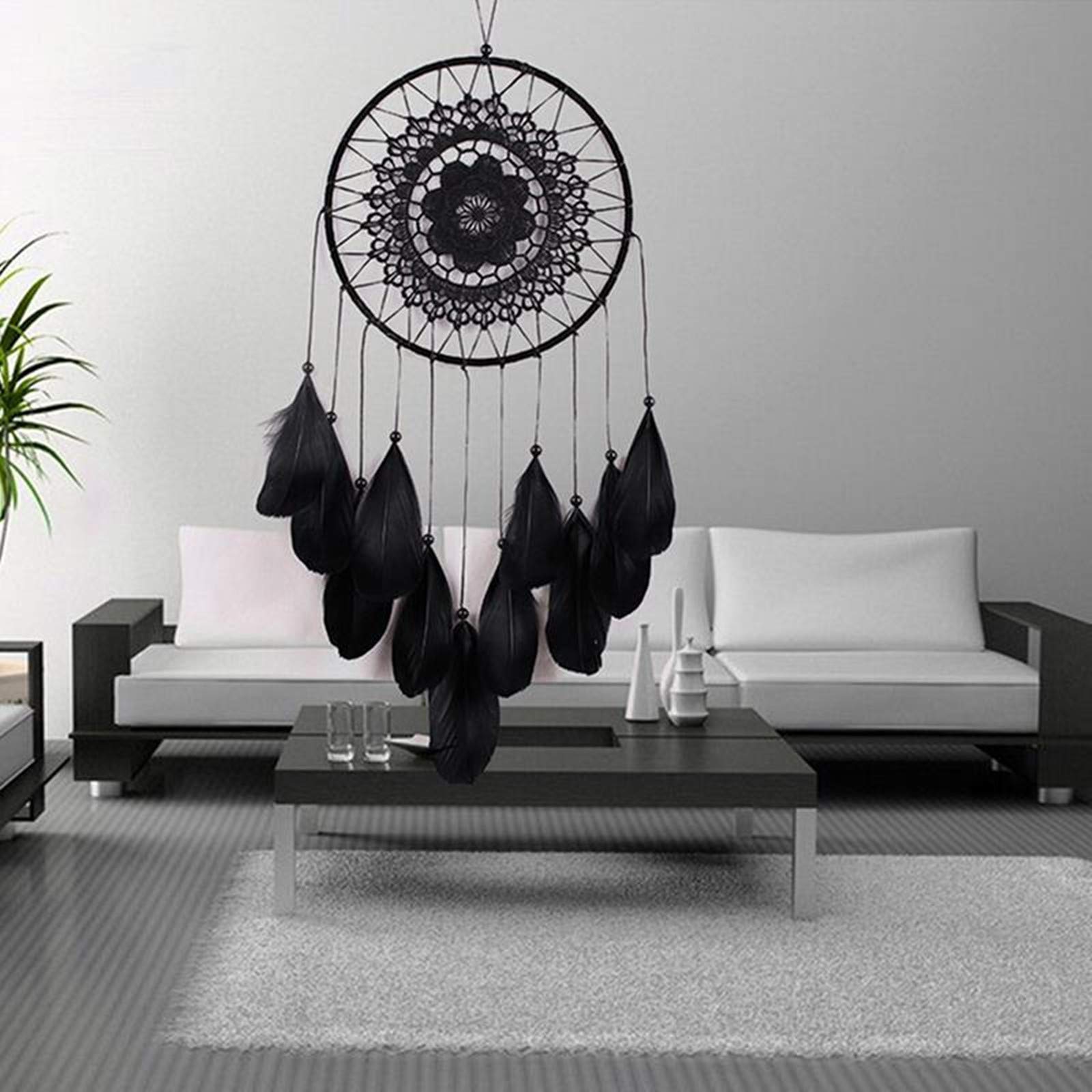 SN DWE White Dream Catcher Wall Hanging Decoration Craft Gift Handmade Feathers Dreamcatcher (Black)