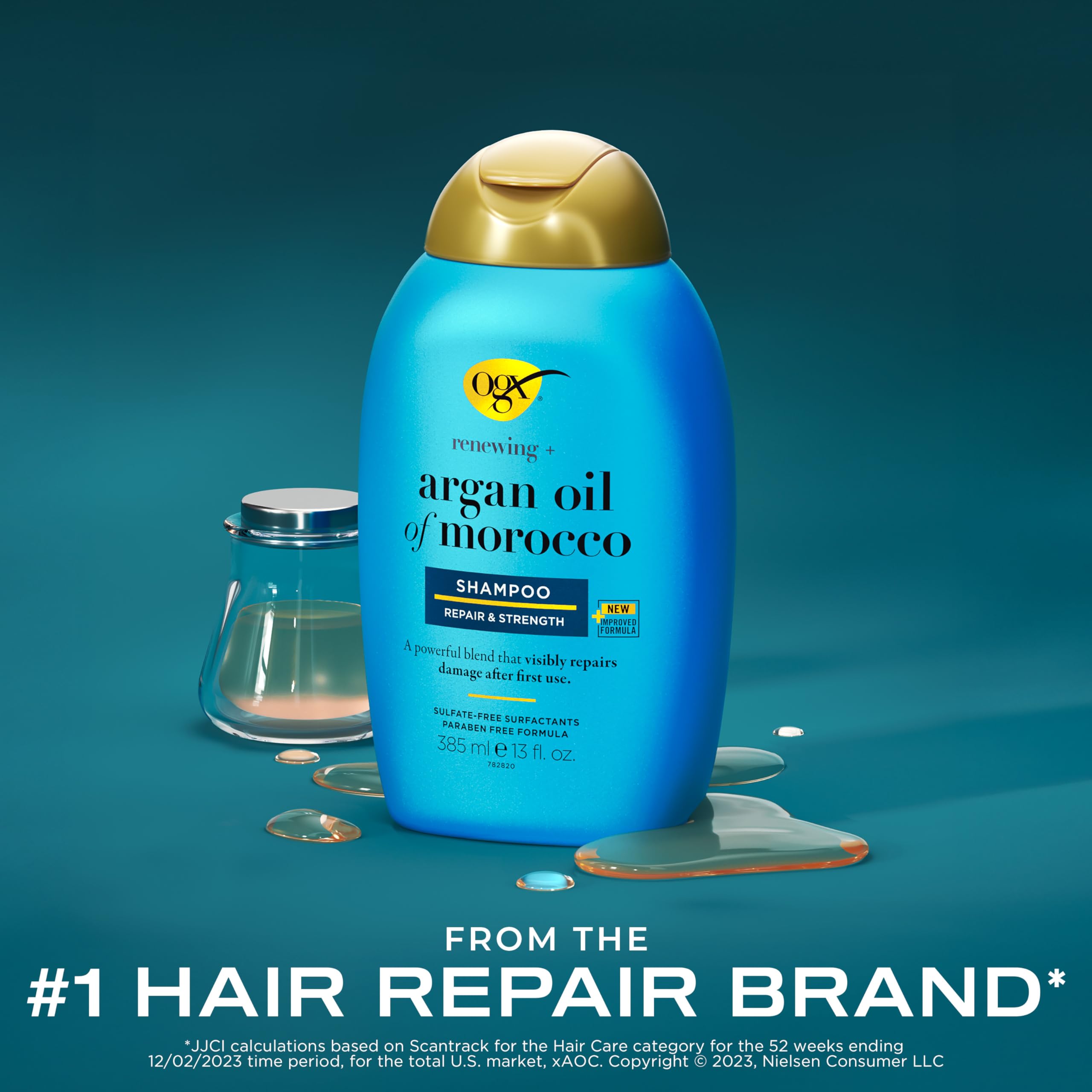 OGX Renewing + Argan Oil of Morocco Shampoo, Damage Repairing Shampoo & Argan Oil to Help Strengthen & Repair Dry, Damaged Hair, Paraben-Free, Sulfate-Free Surfactants, 13 fl. Oz