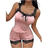 SweatyRocks Women's Two Piece Pajama Short Sets Bow Lace Trim V Neck Cami Top and Shorts Lounge Sleepwear