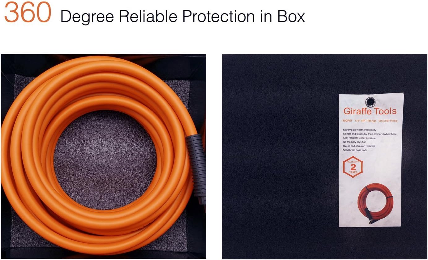 Hybrid Air-Hose 3/8 in. x 50 FT.1/4 in. MNPT Fittings, 300 PSI, Lightweight Flexibility Polymer Hose by Giraffe - - 