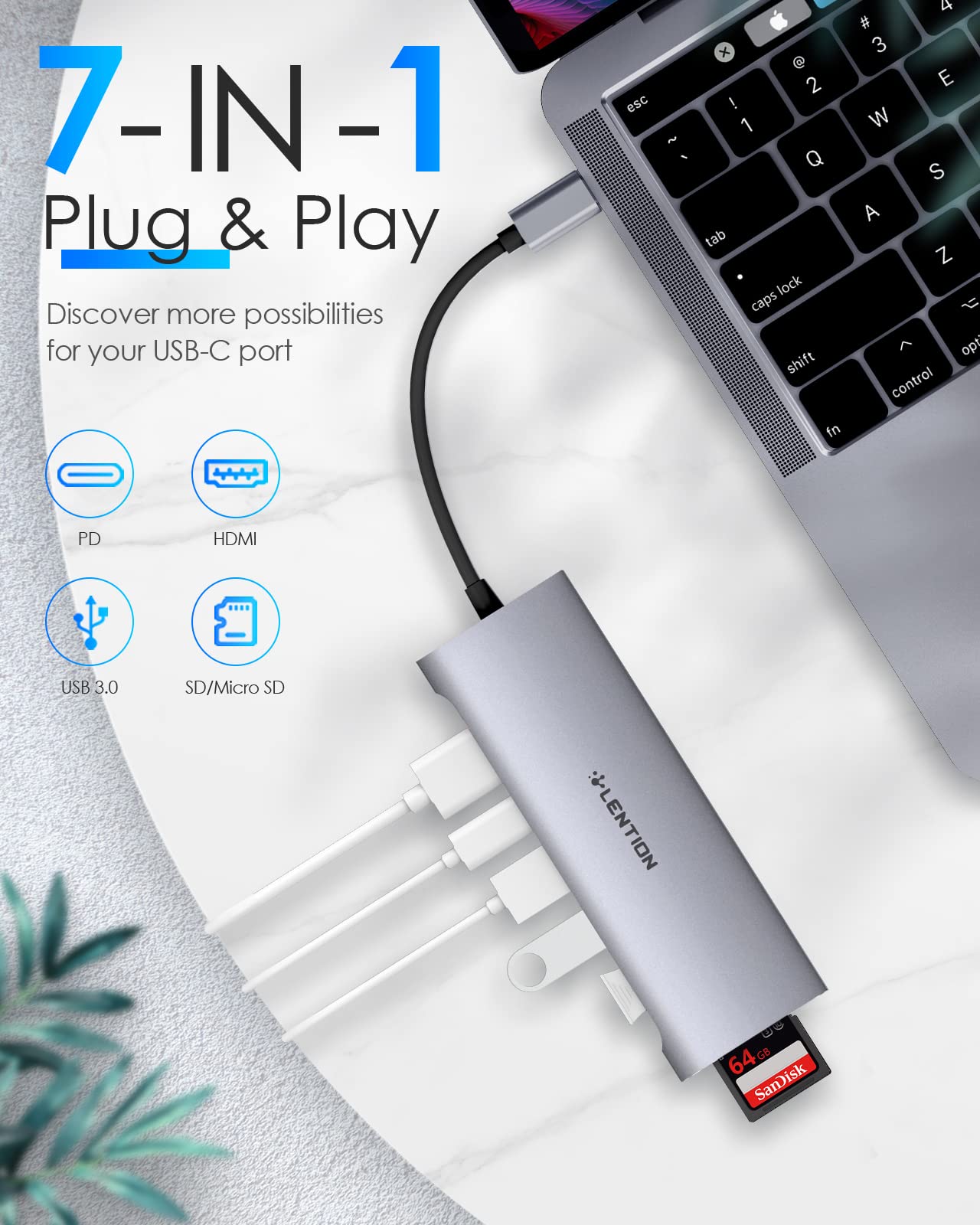 LENTION USB C Multiport Hub with 4K HDMI, 3 USB 3.0, SD/Micro SD 3.0 Card Reader, 100W PD Compatible 2024-2016 MacBook Pro, New Mac Air, Other Type C Devices, Stable Driver Adapter (C36B, Space Gray)