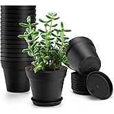 FHWTY 16 Pack Plastic Plant Pots with Drainage Holes and Tray, 4 inch Thickened Indoor Planters Seedlings Nursery Pots for Flowers, African Violet, Succulent and All House Plants, Black