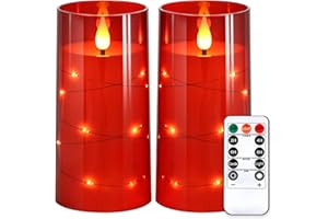 NURADA Flickering Flameless Candles: Built-in Star String Lights Battery Operated LED Pillar Candles with Remote and Timer Romantic Decorations for Wedding Party Christmas Halloween - Red 2 Pack