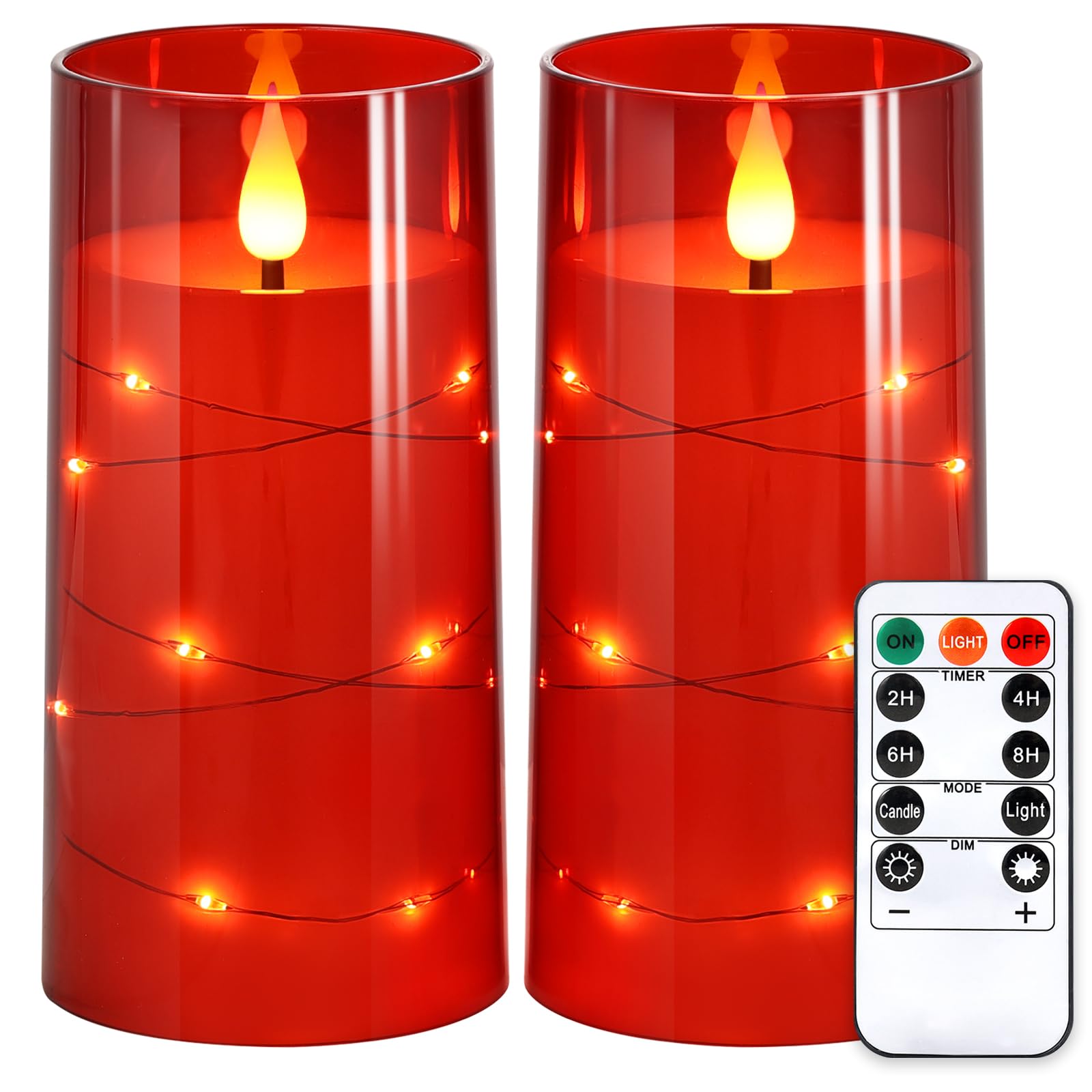 Photo 1 of NURADA Flickering Flameless Candles: Built-in Star String Lights Battery Operated LED Pillar Candles with Remote and Timer Romantic Decorations for Wedding Party Christmas Halloween - Red 2 Pack