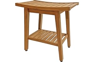 Asta Spateak Select Prima Solid Teak Indoor Outdoor Shower/Bath/Spa Stool Bench with Bottom Shelf, Fully Assembled, RB-107