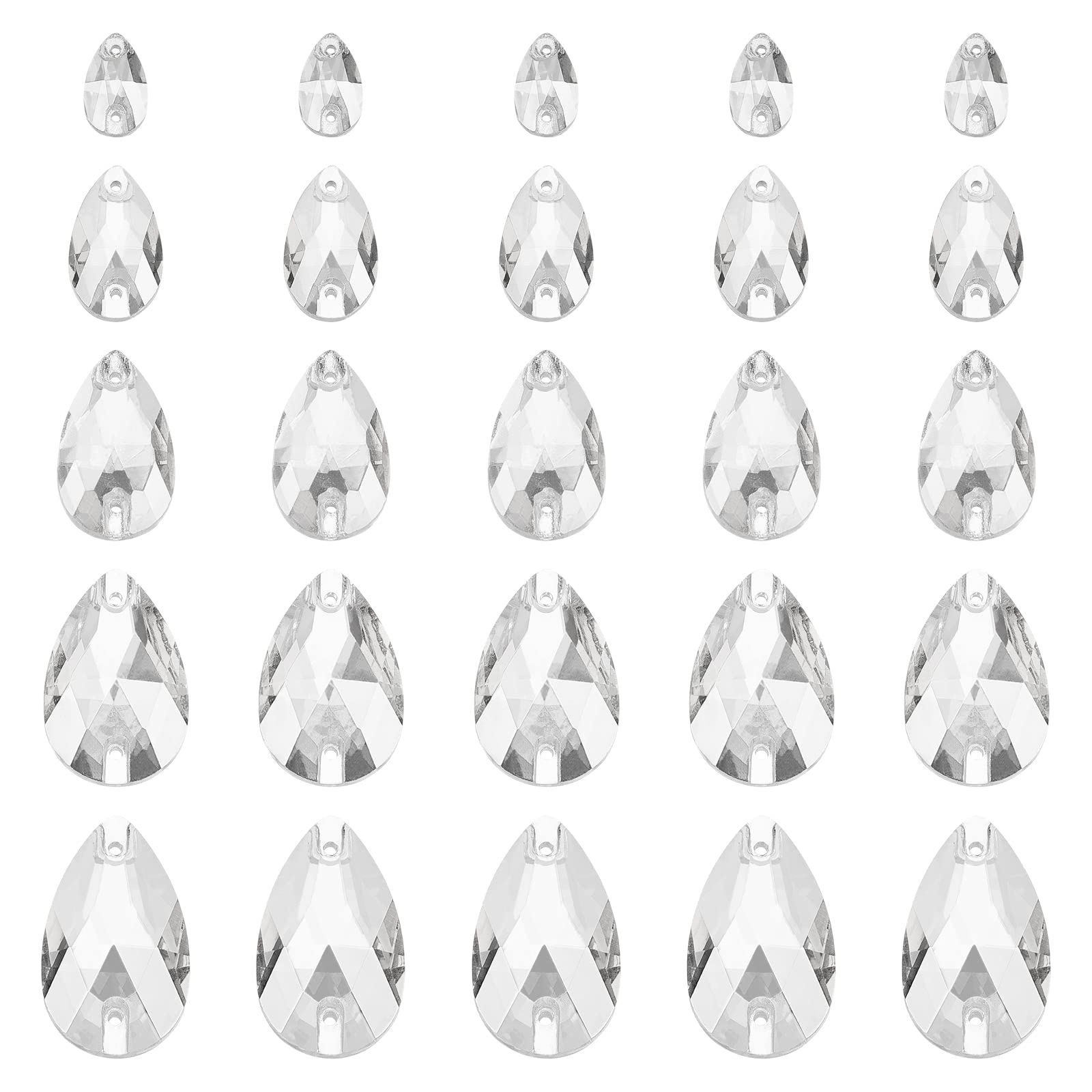 FINGERINSPIRE 80 Pcs 5 Sizes Teardrop Glass Rhinestone Gems with Holes Clear Glass Jewels Embelishments Crystals Flat Back Sew on Rhinestone with Container for DIY Costume Making