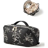 EACHY Travel Makeup Bag, Large Capacity Cosmetic Bags for Women, Waterproof Portable Pouch Open Flat Toiletry Bag Pattern Make up Bag (F-Black)