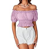 LYANER Women's Off Shoulder Short Sleeve Pleated Ruffle Trim Crop Top Blouse Shirt