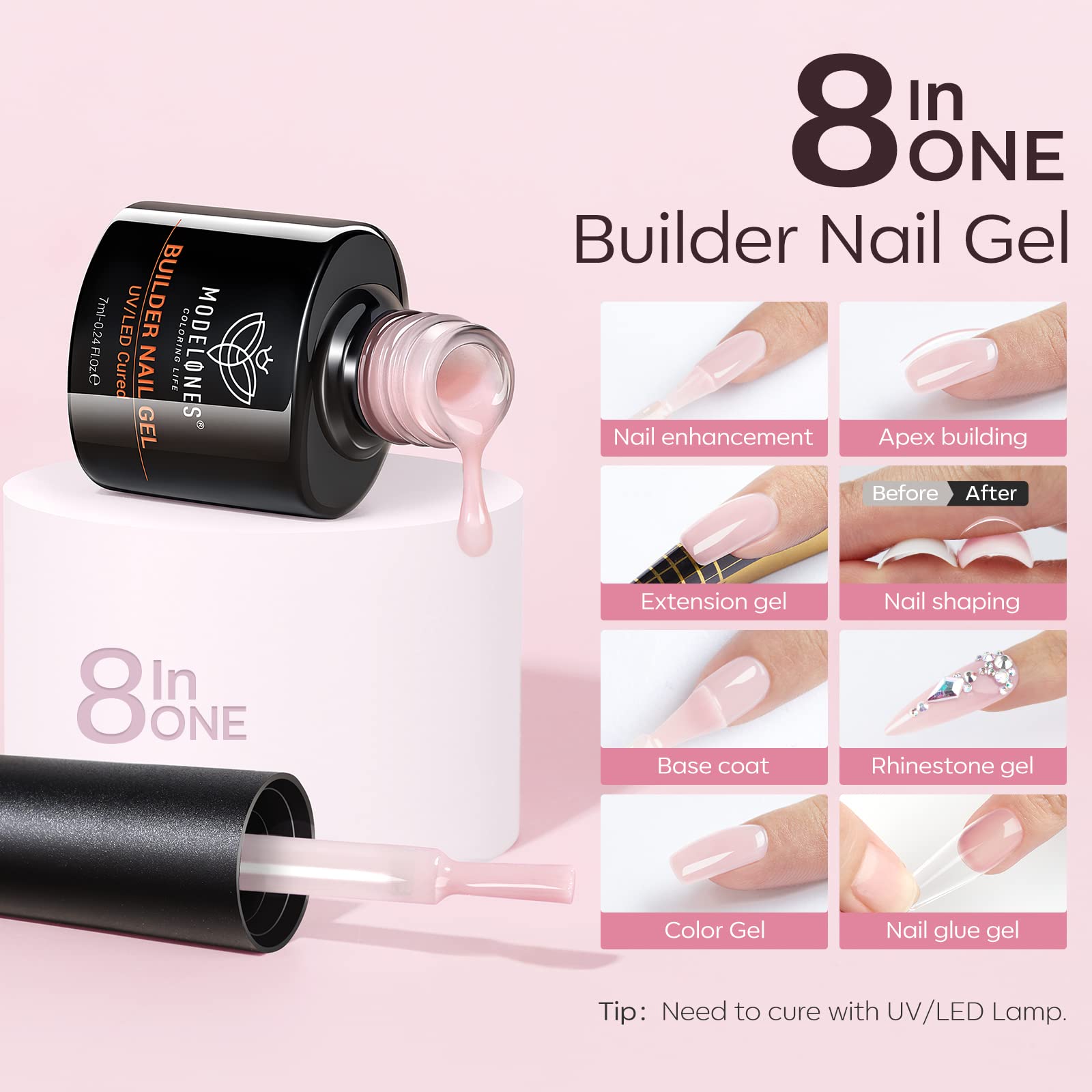 modelones Builder Nail Gel Set, 6 Colors 8-in-One, Jelly Nude Pink Hard Builder Base Gel in a Bottle Nails Polish Strengthener Extension LED Nail Lamp Cured Color - Image 3