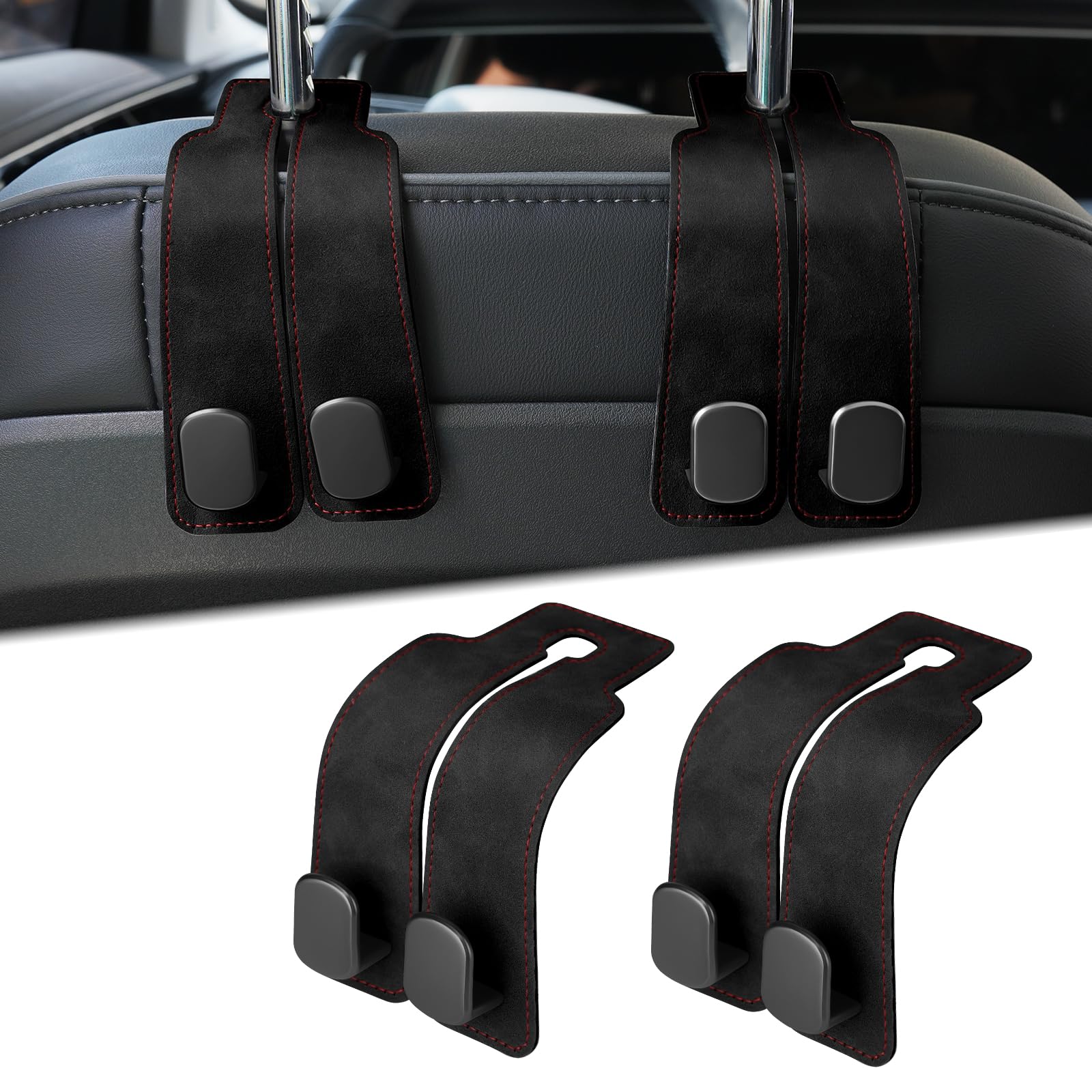 Dworvdr 2 Pack Car Seat Headrest Hooks - Double Hook Holder for Purses & Bags, Car Organization Accessories, Black