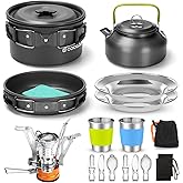 Odoland 16pcs Camping Cookware Set with Folding Camping Stove, Non-Stick Lightweight Pot Pan Kettle Set with Stainless Steel Cups Plates Forks Knives Spoons for Camping Backpacking Outdoor Picnic