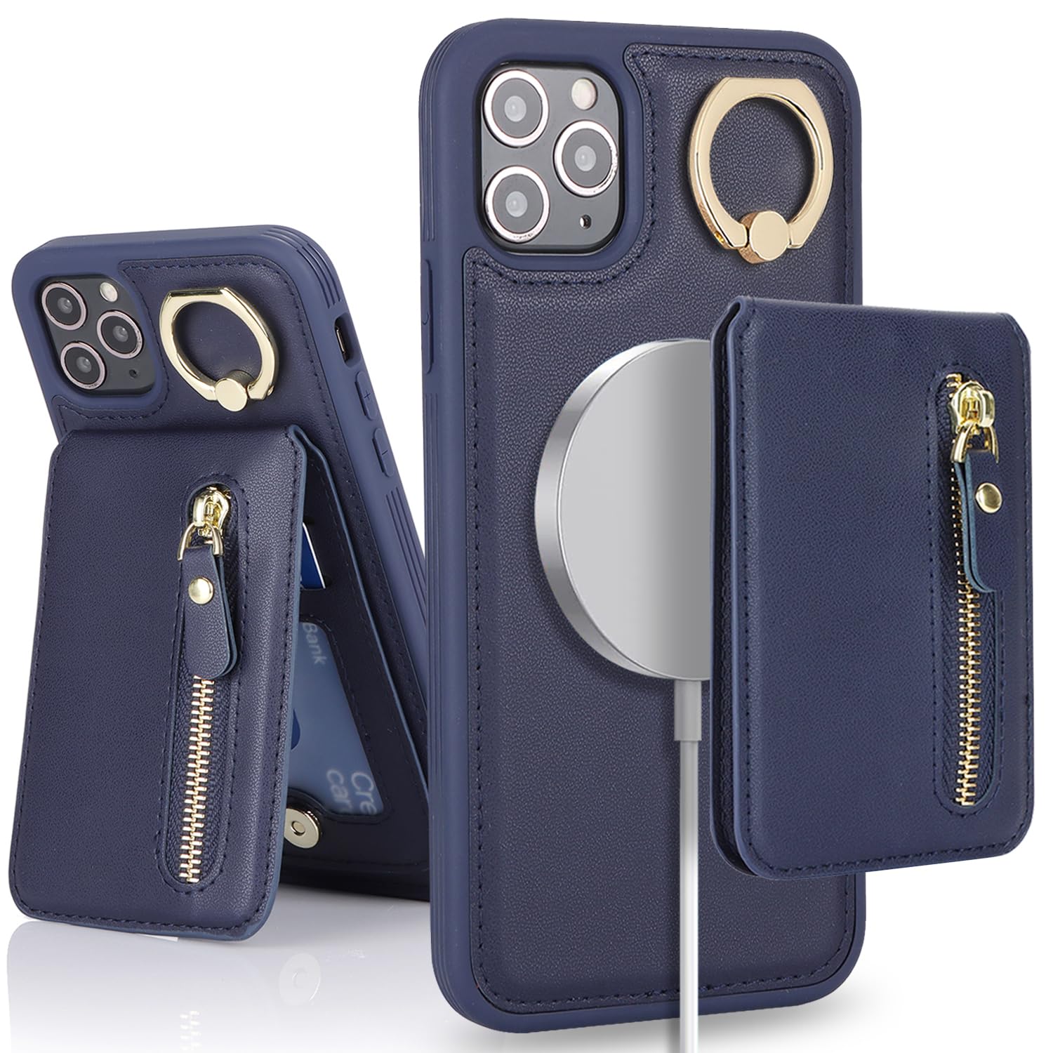 SailorTech iPhone 11 Pro Phone Leather Case with Credit Card Holder Magsafe, iPhone 11 Pro Case Ring Stand with Kickstand Card Slots Wallet Detachable 2-in-1 Zipper Case - Navy Blue — image 1