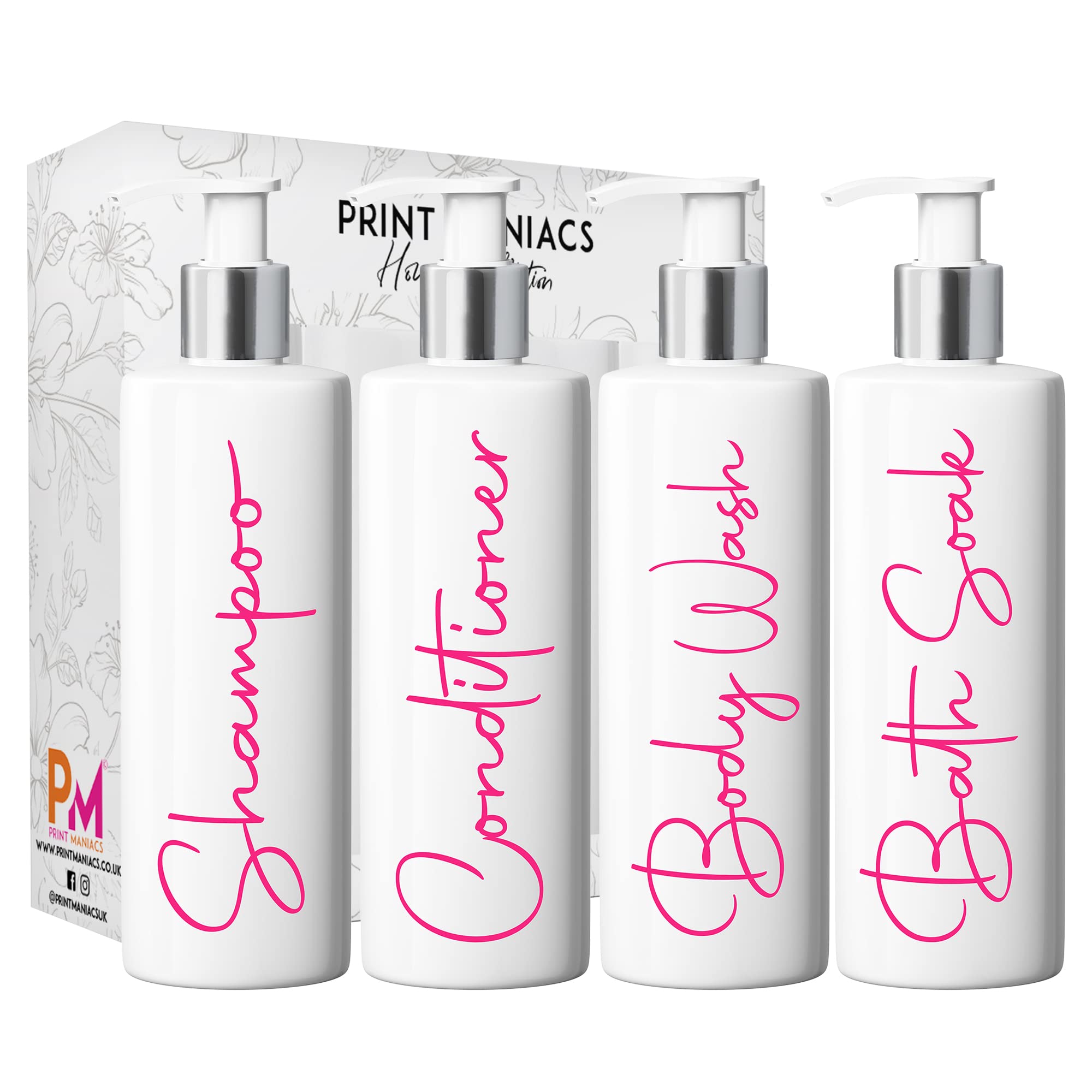 Print Maniacs Mrs Hinch Inspired White Personalised Pump Bottles Bathroom Kitchen Set Shampoo Conditioner Body Wash Bath Soak (F2) (Pink)