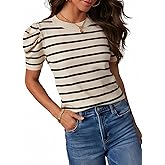 Dokotoo Women's Short Puff Sleeve Knit Tops 2026 Trendy Crewneck Striped T Shirts Casual Summer Blouses