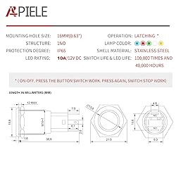 APIELE 10 Amp 16mm Latching Push Button Switch 12V