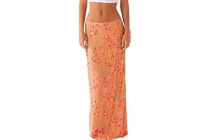 SOOKABEILA Women Y2k Sequin Long Skirt Bead Floral Embroidery Maxi Skirt Low Waist Rhinestone Glitter Bodycon Club Skirt