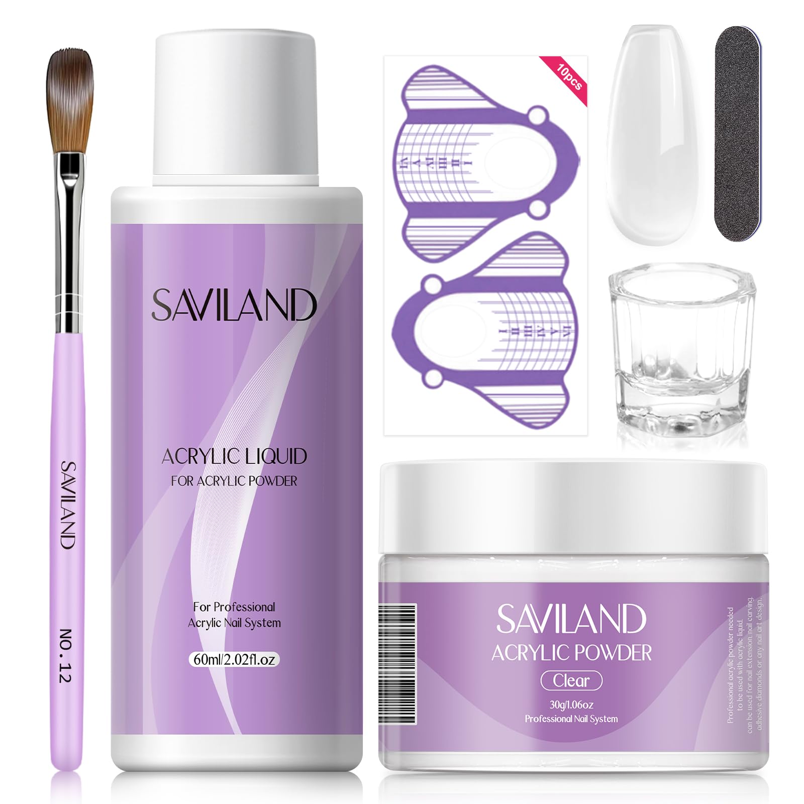 Saviland Acrylic Nail Kit with 30g Clear Powder and 60ml Liquid Set, Includes Brush, Nail Forms, Files, Dappen Dish for Acrylic Nail Extension, Starter Kit for Beginners Home DIY