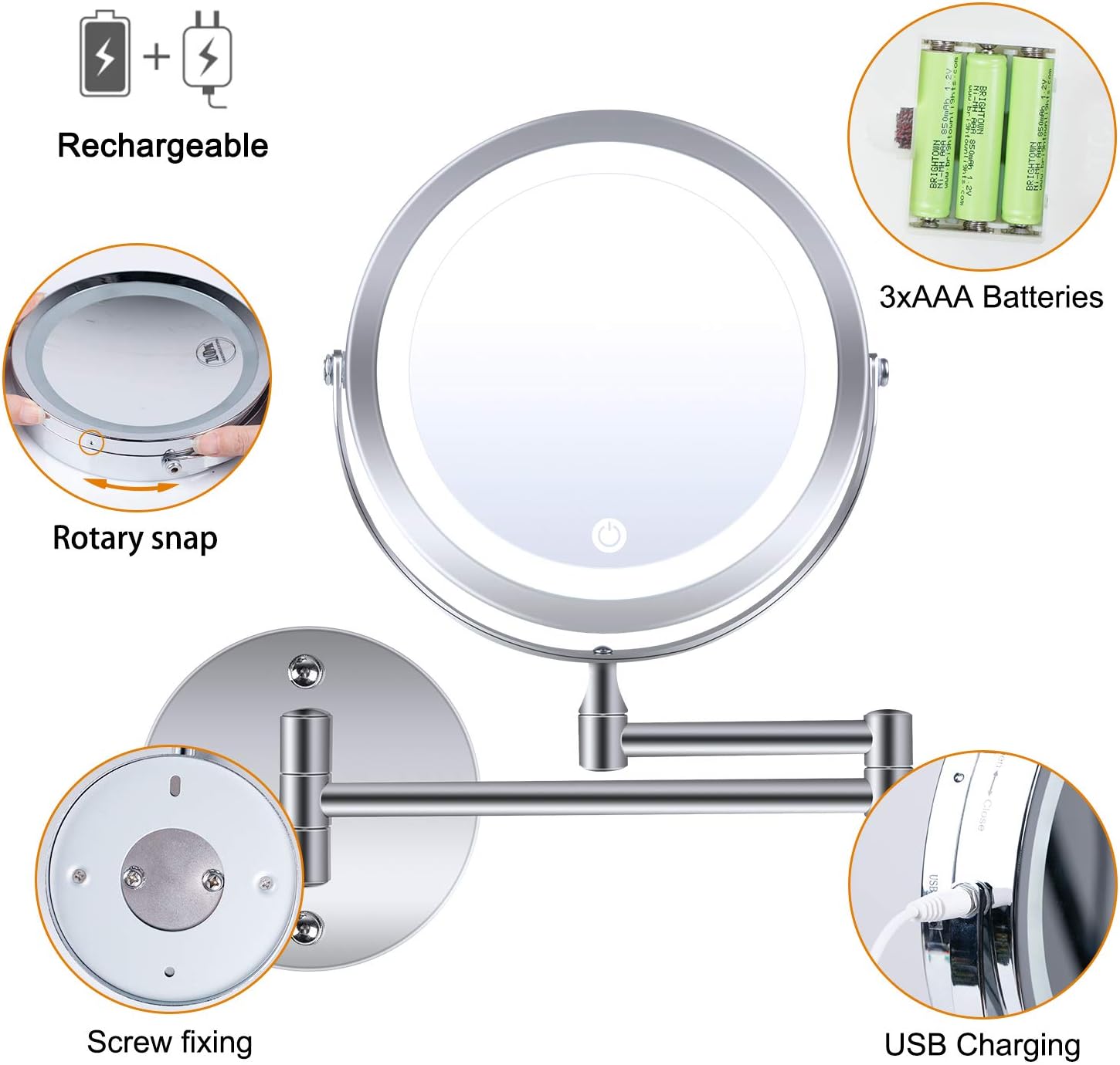 Wall Mounted Makeup Mirror, 1X/10X Magnification 360 Degree Rotation Double Sided LED Lighted Vanity Mirrors for Bathroom AC Adapter or Battery Operated: Furniture & Decor