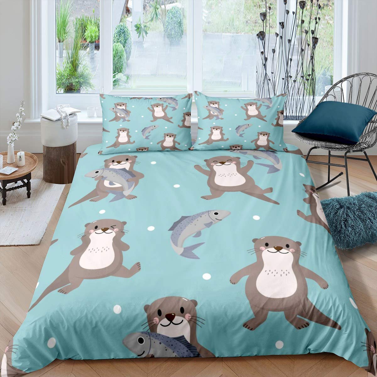 Loussiesd Kids Bedding Set for Girls Boys Children Cute Otter Comforter Cover Cartoon Wild Animal Fish Duvet Cover Lovely Wildlife Style Room Decor Bedspread Cover Single Bedding 2Pcs