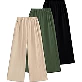 EXARUS 3 Pack Girls Wide Leg Pants Loose Trousers Linen Flowy with Pockets Elastic Waist Casual for Kids 6-12Y