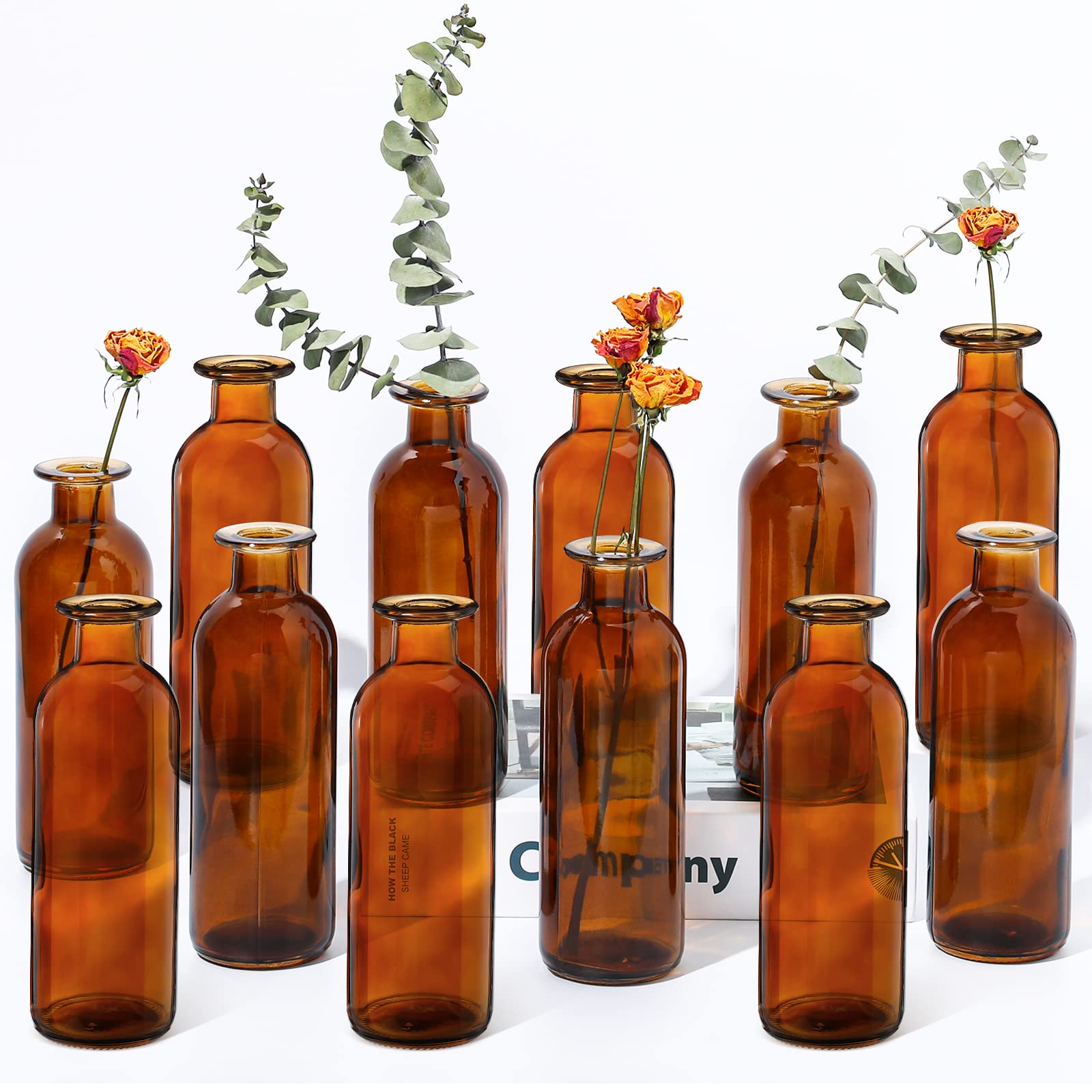 Photo 1 of Patelai Set of 12 Glass Bud Vases Small Bud Vase in Bulk Mini Flower Vase for Wedding Reception Vintage Decorative Home Decor Housewarming Gift, 6.3 x 2.2 Inch (Brown 12 Pieces)