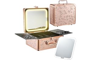 FAQUENC Makeup Case with Magnetic Lighted Mirror Cosmetic Train Box Detachable LED Mirror Adjustable Brightness in 3 Colors Waterproof Storage Organizer Artist Suitcase with Dividers Brush Holder, Rose Gold