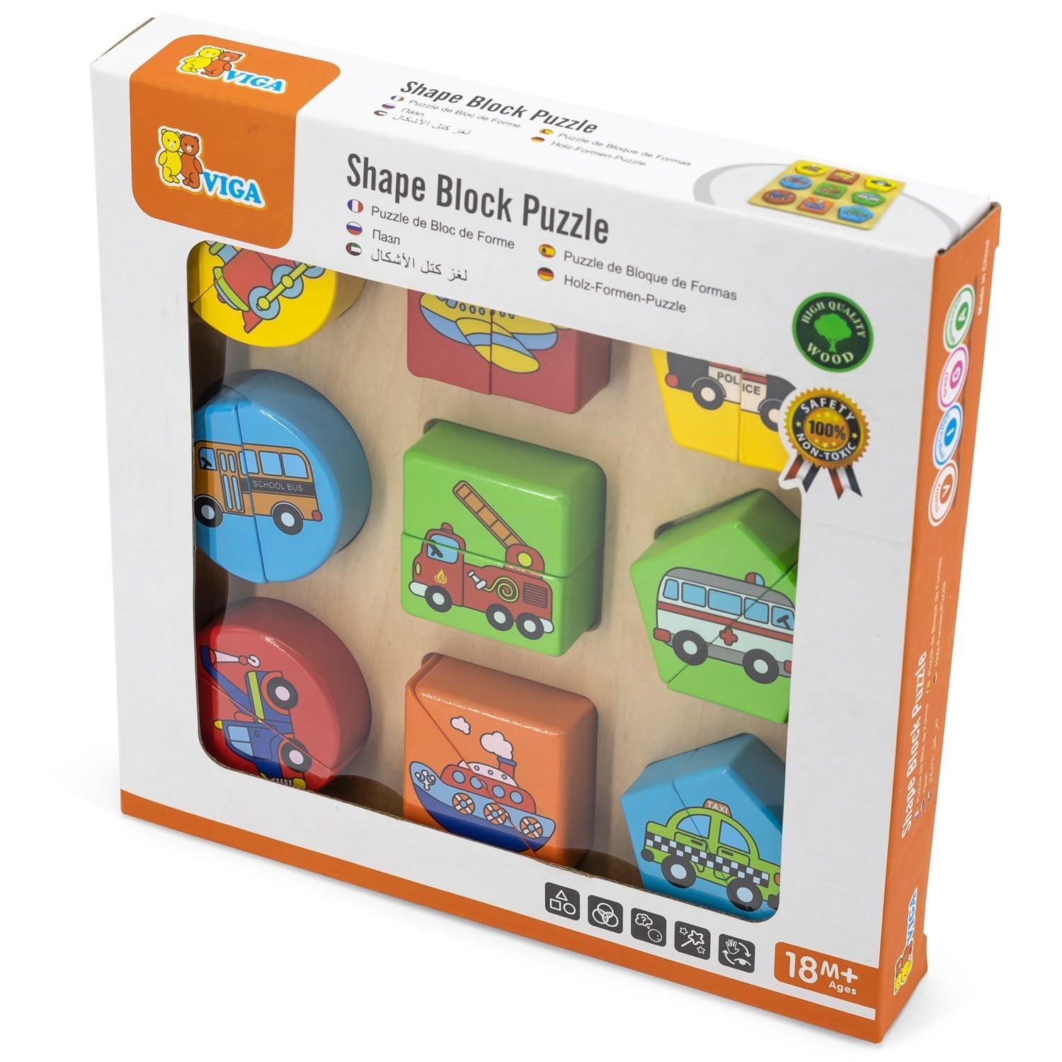 Viga Wooden Vehicle Block Puzzle - Childrens Educational Wood Toy Jigsaw