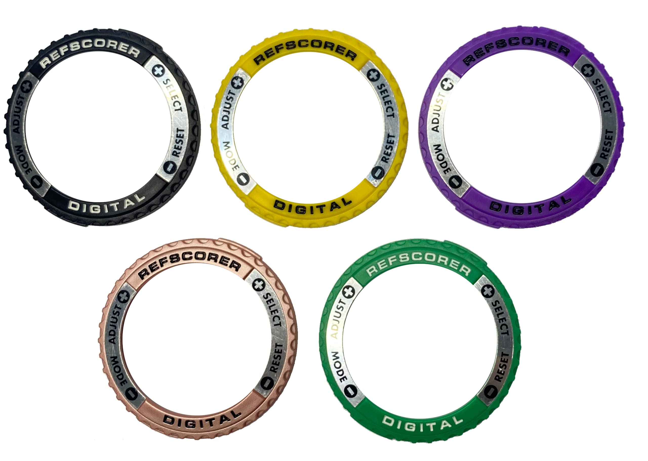 RefStuff RefScorer C 5 Pack Interchangeable Top Ring Bezels for the Digital NEW v2.021 Referee Watch Pack C (Original Silver Black, Yellow, Purple, Rose Gold and Dark Green)