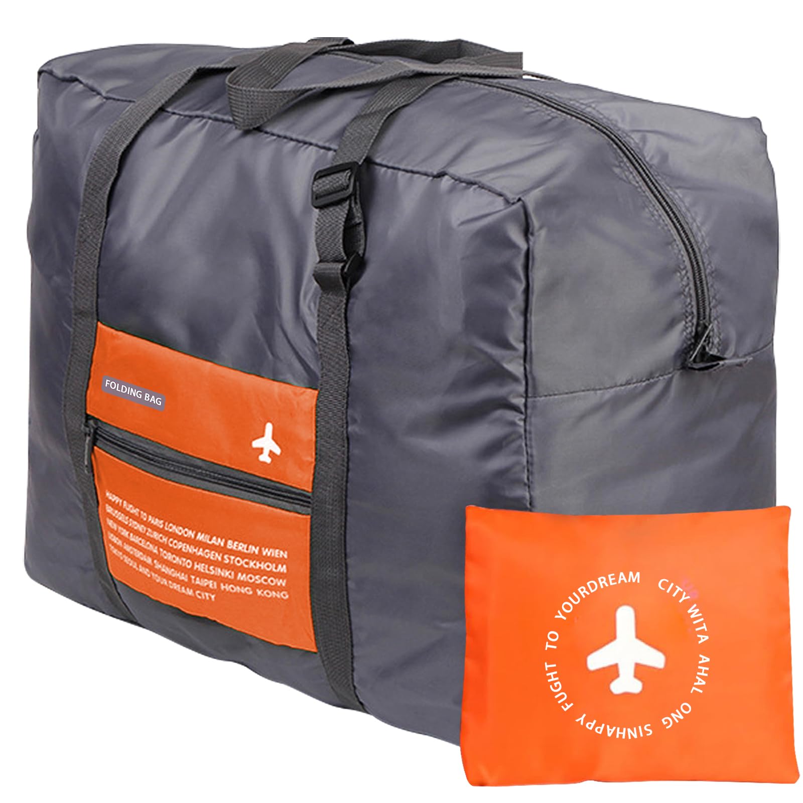 INVODA Foldable Travel Duffel Bag Sports Gym Tote Water Resistant Carry on Luggage Bag Weekender Overnight Bag (Orange)