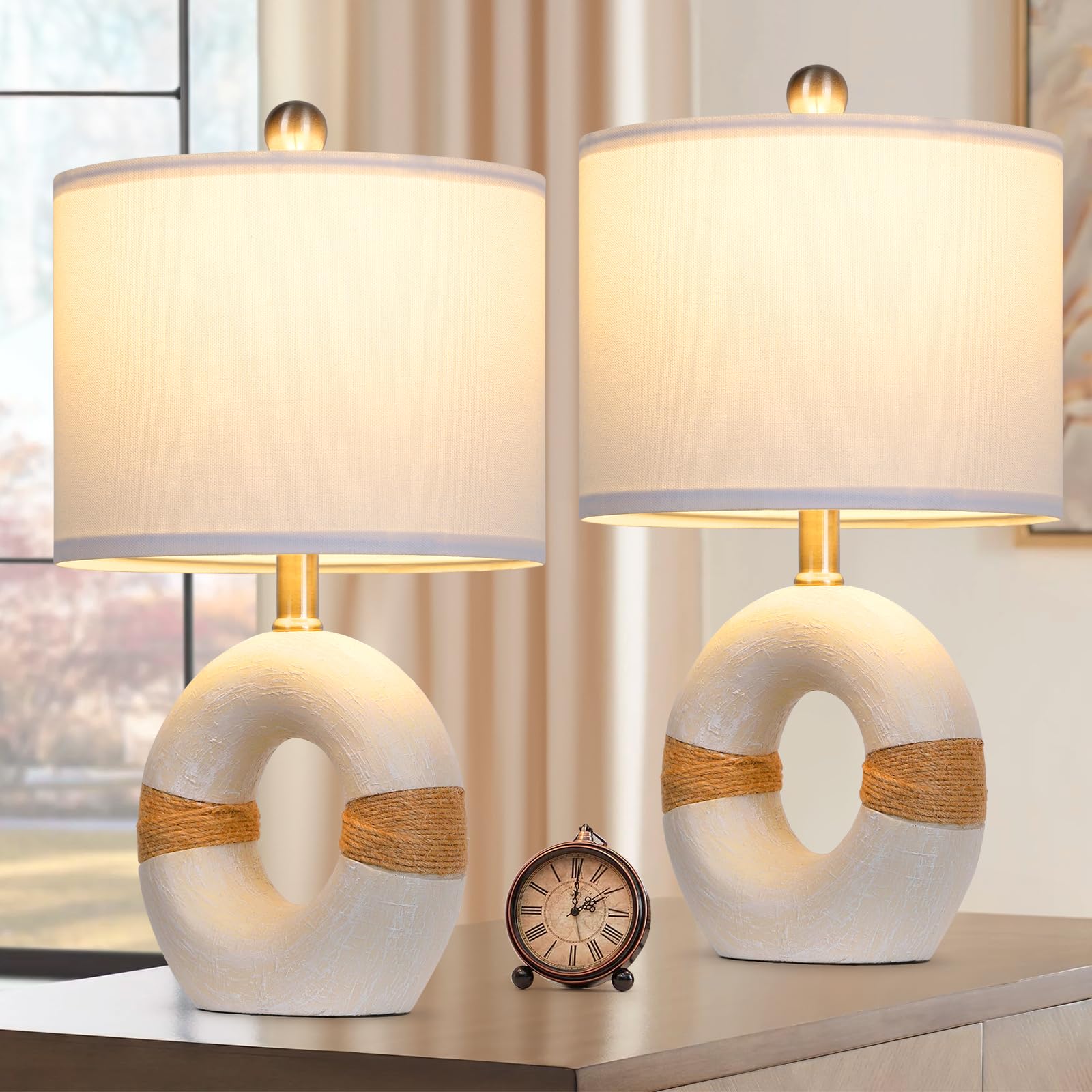 Photo 1 of The Harp and lamp toppers are missing-----------------------------------------Cinkeda Boho Rattan Table Lamps for Bedroom Nightstand 18" Farmhouse Bedside lamp Set of 2, Small Bohemian Lamps for Living Room Office (Include Bulbs)