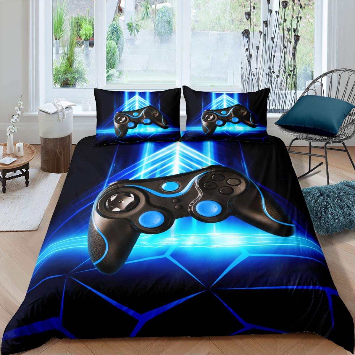 Gamer Duvet Cover Set Boys Teens Video Game Gaming Bedding Set Geometric Triangle Comforter Cover Kids Console Gamepad Anime Quilt Cover Bedroom Collection 3Pcs Double Size,Blue — image 1