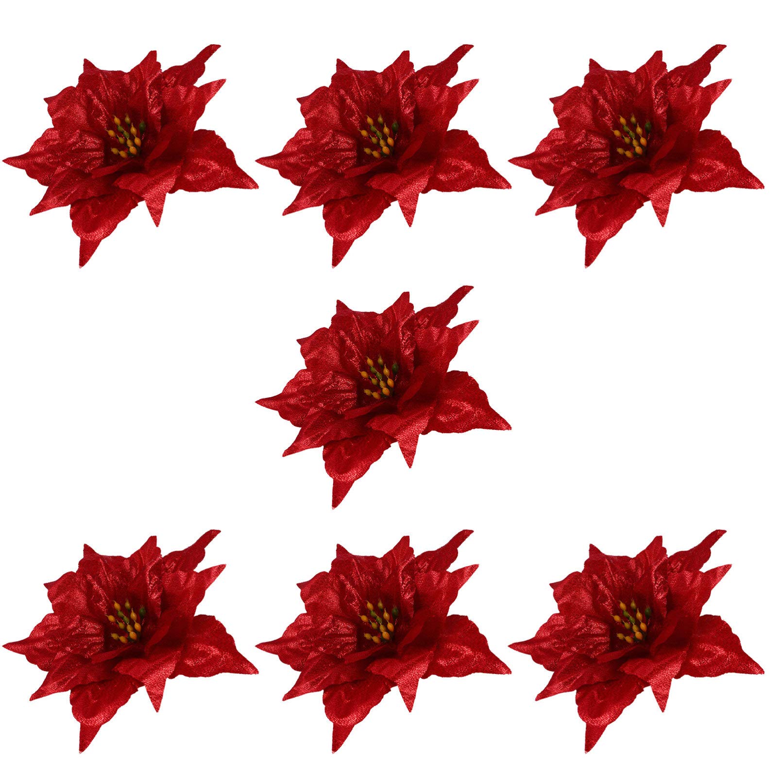 EXCEART Christmas Poinsettia Ornaments 7Pcs Artificial Red Glitter Flowers for Tree Wreath Diy Decoration 5.1 Inch Simulated Flower Hanger for Holiday Parties
