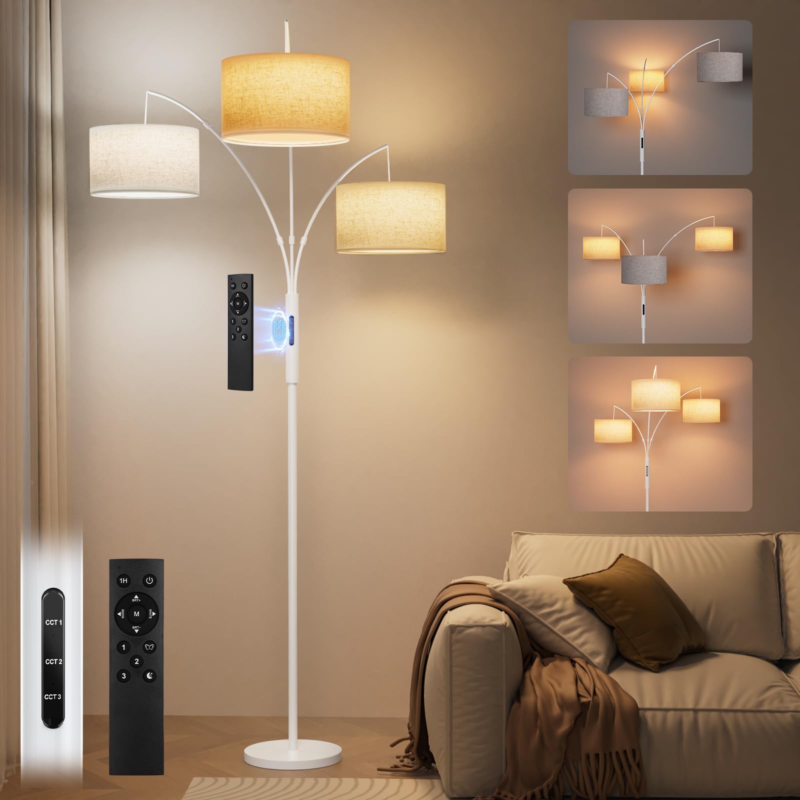Photo 1 of SIBRILLE 36W LED Arc Floor Lamp with 3 White Fabric Shades, 3000LM Super Bright Standing Lamp with Remote Control & Touch, Stepless Dimming, Individual Light Control for Living Room, Bedroom