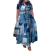 Xuideoy Casual Plus Size Maxi Dress for Women African Print Long Dress Short Sleeve Flowy Ruffle Dress with Belt 2025 Fashion