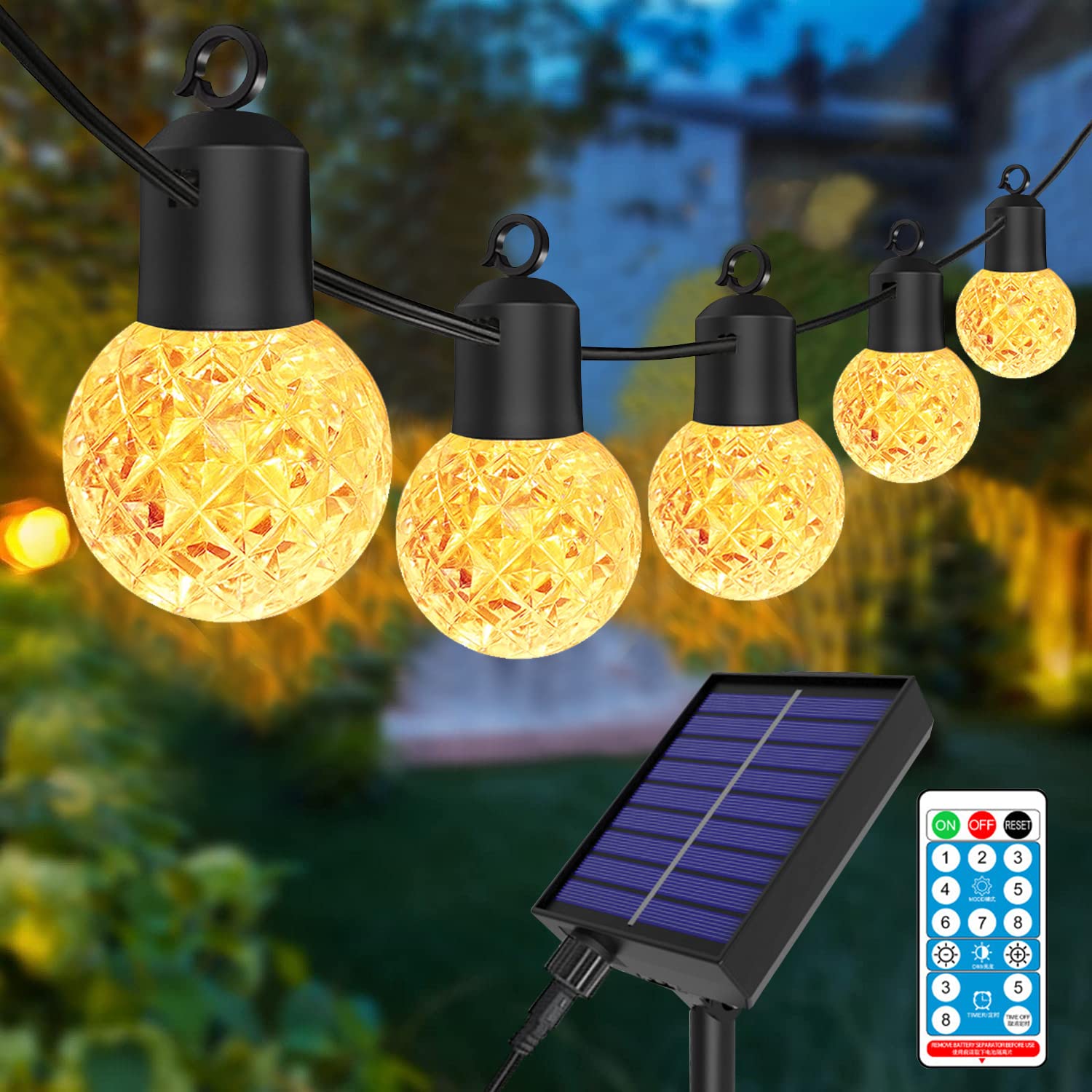 Anmossi Solar String Light,50Ft/15.5M Festoon Lights Outdoor,Solar Garden Lights with Remote Control,25 Shatterproof Plastic Bulbs,2700K Warm White,IP44 Waterproof,for Outside,Party,Wedding,Garden