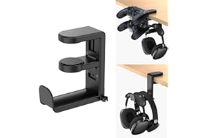 Rotating Headphone Stand - PC Gaming Headset Holder, Adjustable Clamp-on Under Desk Hanger with 360 Degree Swivel & Cable Cli