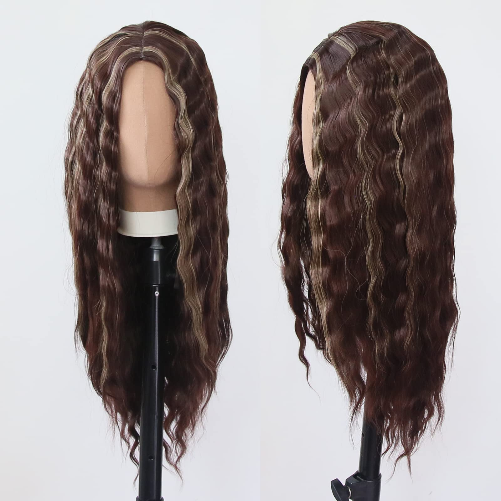 Towarm Deep Wave Reddish Brown Wig Long Wavy Highlight Blonde Synthetic Wigs for Women Middle Part Glueless High Temperature Fiber Cosplay Daily Wear Wig (Brown Highlight Blonde)