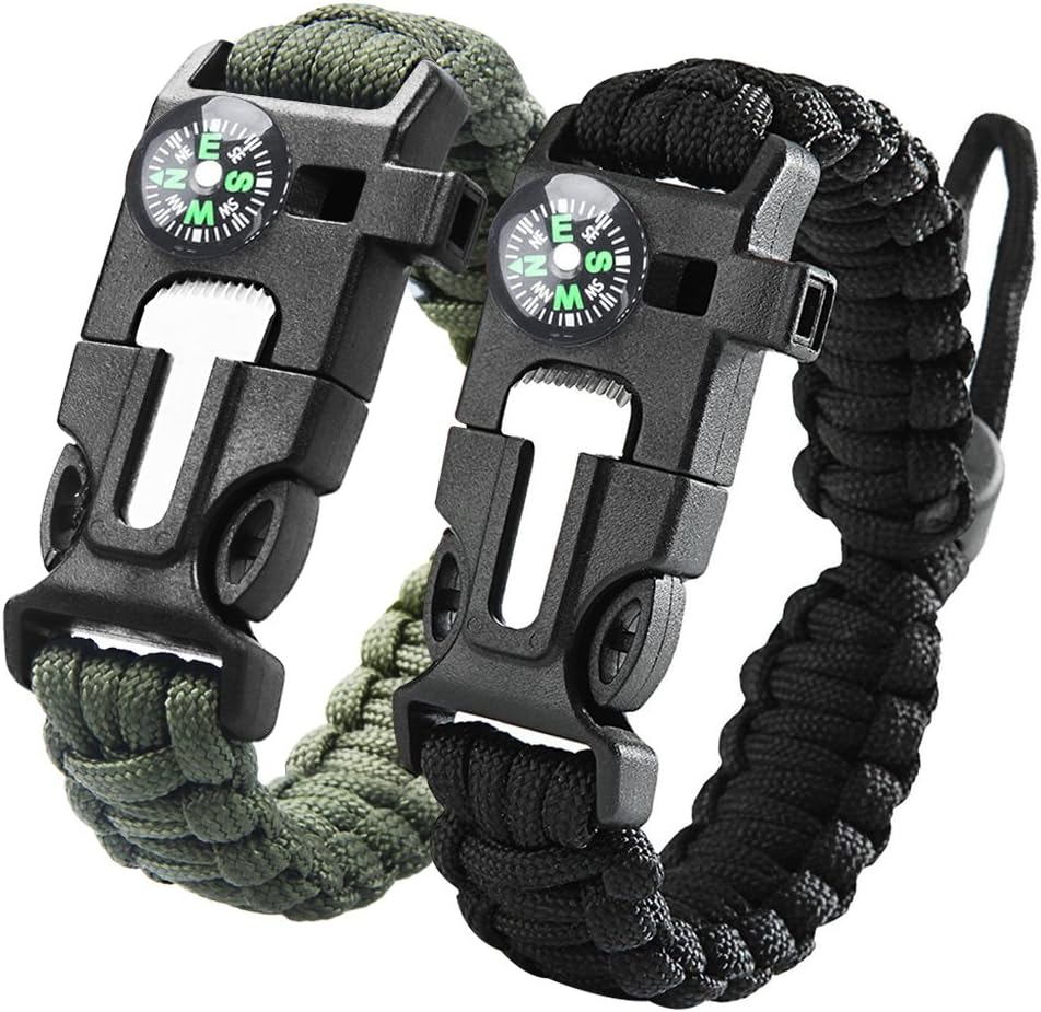 iRainy 2Pack Adjustable Survival Paracord Bracelet W Flint Fire Starter Scraper Compass Whistle Fits Men Women Kids for Hiking,Camping,Boating Emergency or Other Outdoor Activities