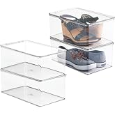mDesign Stackable Plastic Closet Storage Container Bin Box with Hinge Lid for Organizing Shoes, Booties, Pumps, Sandals, Wedges, Flats, Heels - Lumiere Collection - 4 Pack - Clear