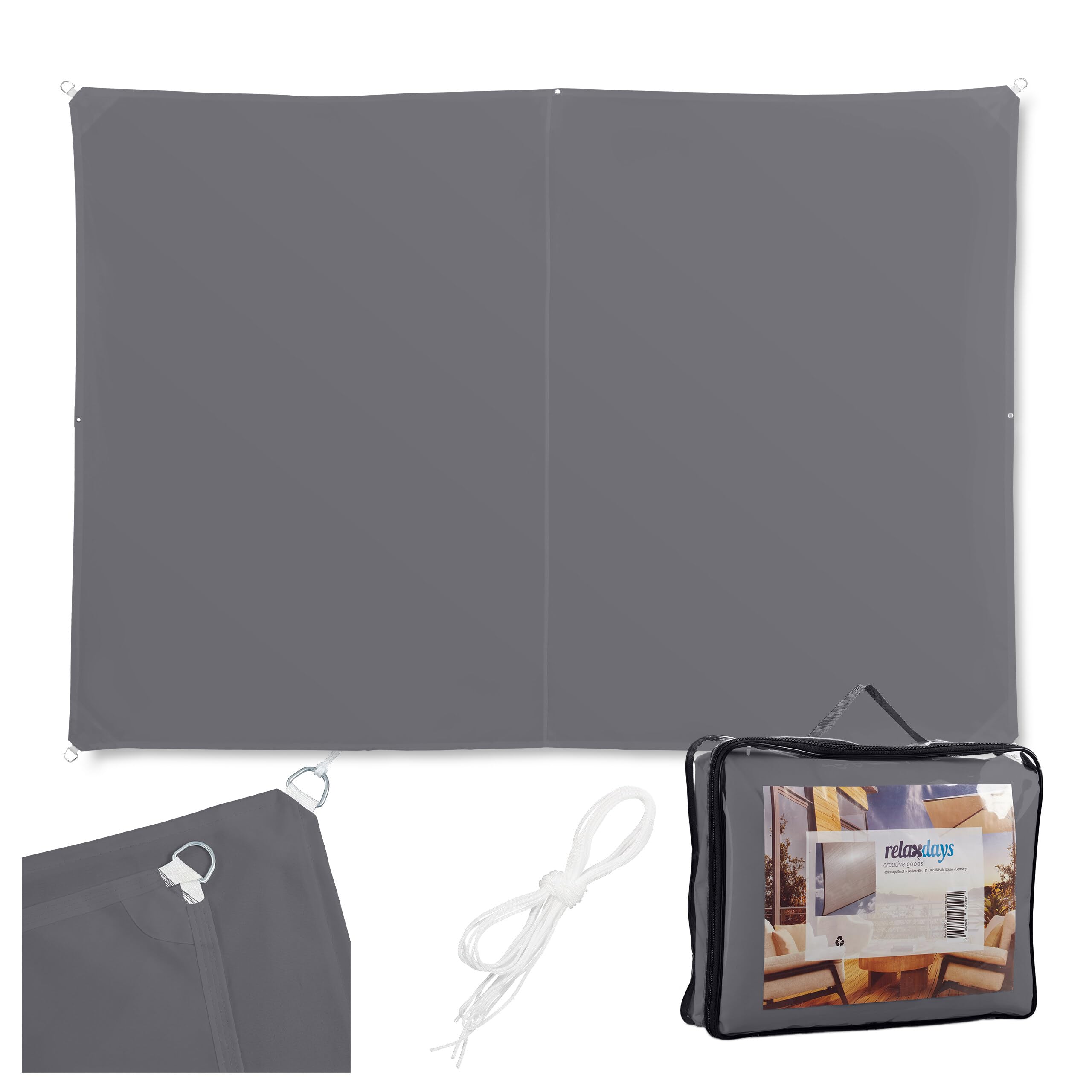 Relaxdays Shade Sail, Rectangular, Water-Repellent, UV-Protection with Tethers, Balcony Canopy, WxD: 2x3 m, Grey