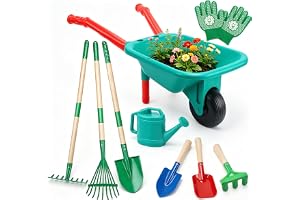 CUTE STONE Kids Gardening Set with Wheelbarrow, Kids Shovel and Rake Set | Dual-length Gardening Tools( Wood Handles & Metal Heads), Watering Can, Gloves for Backyard Outdoor Summer Play