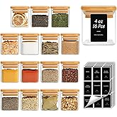 ComSaf 16Pcs Spice Jars with Labes, Glass Jar with Bamboo Lid, 4oz Airtight Square Spice Containers with Black Lables, Empty 