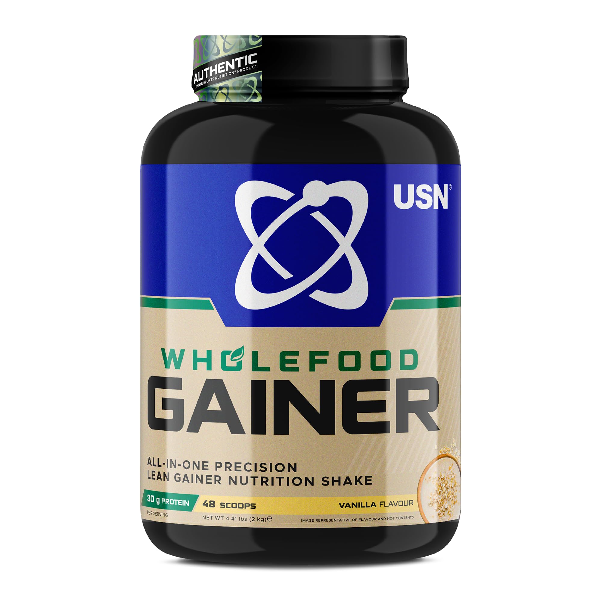 USN Wholefood Muscle Gain Protein Powder, Vanilla Flavour - 2kg, Natural Muscle Growth & Mass Gainer, All-in-One 30g Vegan Protein Powder, Meal Replacement & Dietary Supplement Protein Shake Mix